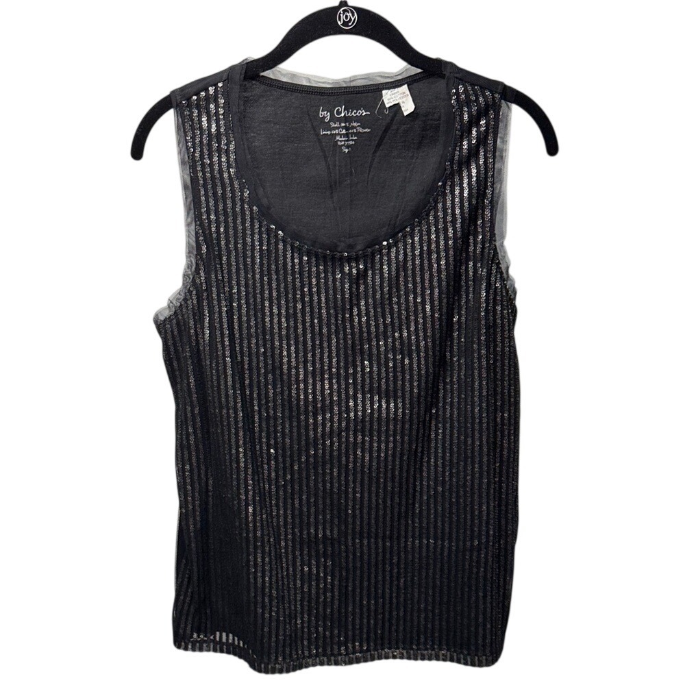 Chicos Black Sequin Striped Sleeveless Tank Top Mesh Trim Size 1 Medium RN79984